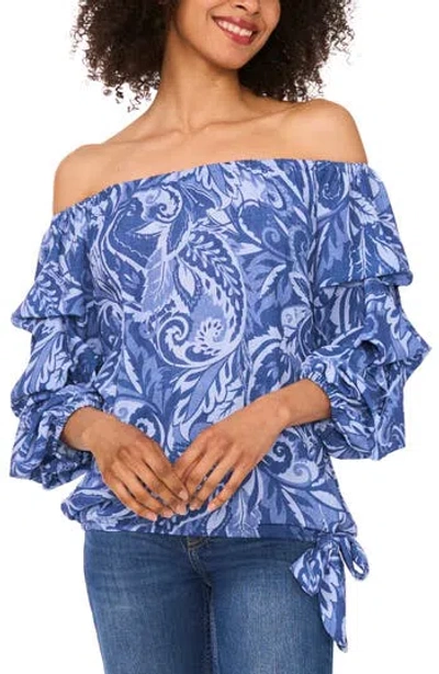 Cece Off The Shoulder Lantern Sleeve Top In Denim/multi