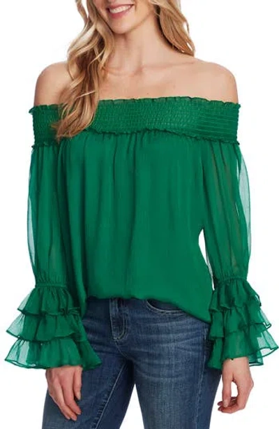 Cece Off The Shoulder Ruffle Cuff Blouse In Green