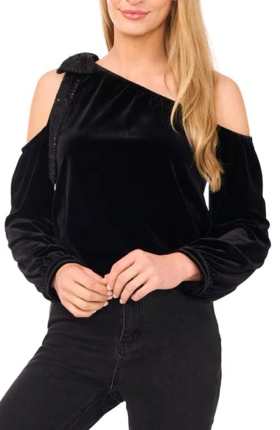 Cece One-shoulder Sequin Bow Velvet Top In Black