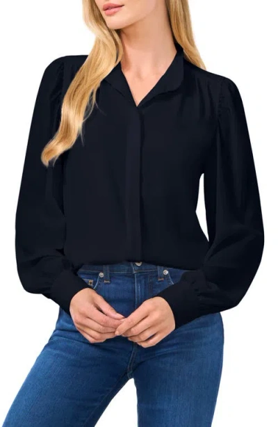 Cece Open Collar Long Sleeve Georgette Button-up Shirt In Rich Black