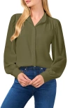 Cece Open Collar Long Sleeve Georgette Button-up Shirt In Dark Clover