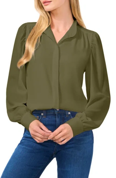 Cece Open Collar Long Sleeve Georgette Button-up Shirt In Dark Clover Green