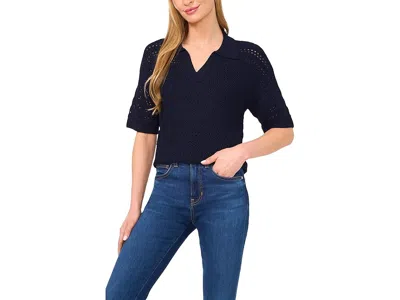 Cece Open Knit Popover Polo Sweater In Blue
