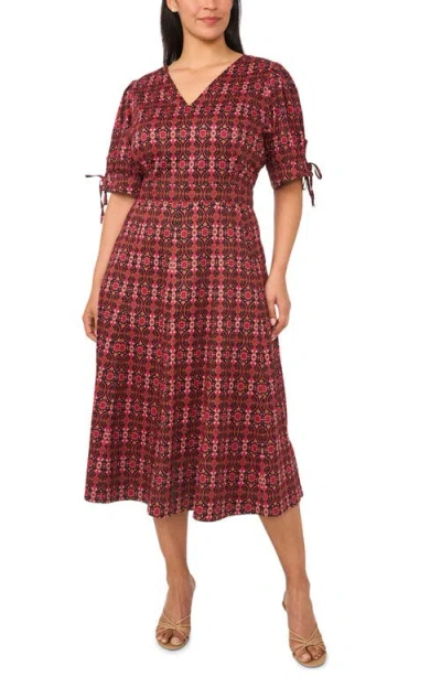 Cece Paisley Balloon Sleeve Stretch Cotton Midi Dress In Burgundy