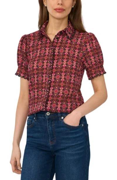 Cece Paisley Puff Sleeve Crepe Button-up Shirt In Burgundy