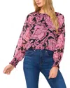 Cece Print Smocked Cuff Top In Rich Black