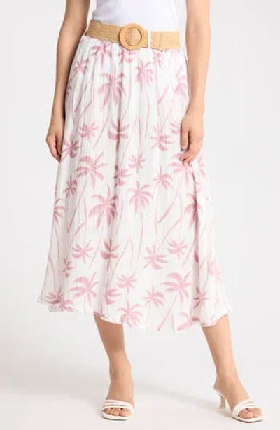 Cece Palm Tree Belted Cotton Gauze Skirt In Pink