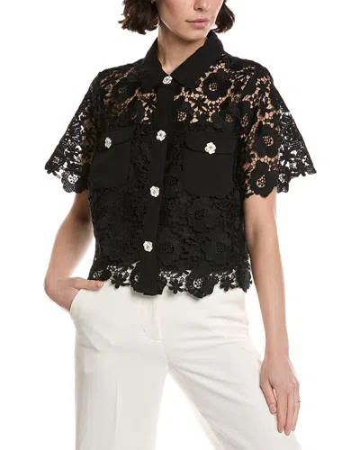 Cece Patch Pocket Button-down Lace Top In Black
