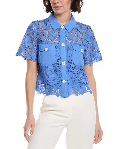 Cece Patch Pocket Button-down Lace Top In Blue