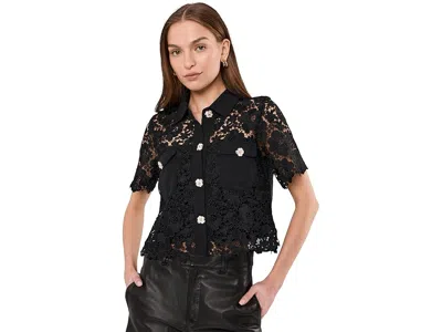 Cece Patch Pocket Short Sleeve Lace Button Down In Gold