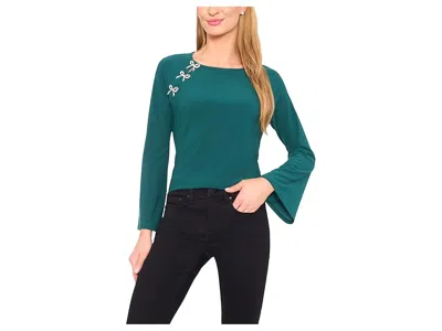Cece Pearl Bow Applique Long Sleeve Knit Top In Green