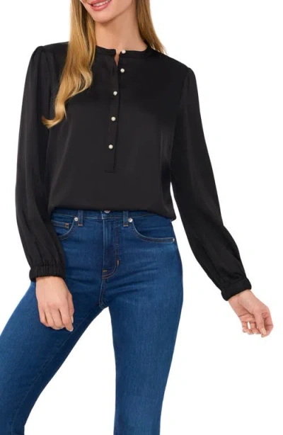 Cece Pearly Button Satin Top In Rich Black