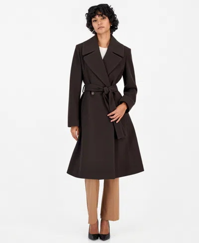 Cece Petite Double-breasted Belted Bow Back Coat In Brown