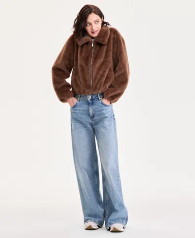 Cece Petite Zip-front Faux-fur Bomber Jacket In Brown