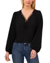 Cece Circle Lace Long Sleeve Pintuck Top In Rich Black