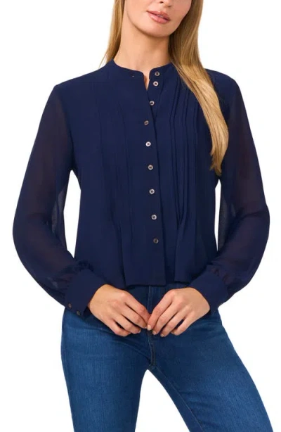 Cece Pintuck Pleat Georgette Button-up Top In Blue