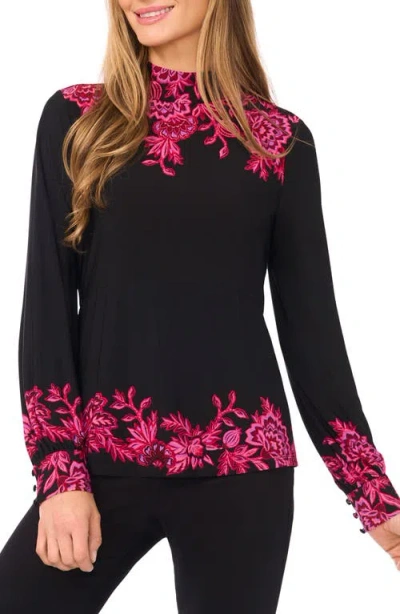 Cece Placement Floral Mock Neck Top In Black