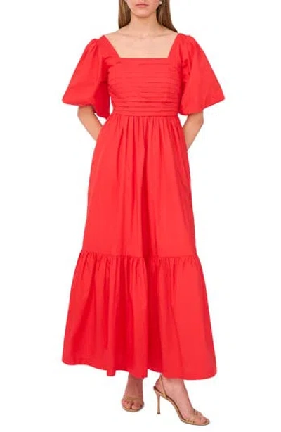 Cece Pleated Bodice Puff Sleeve Cotton Maxi Dress In Red