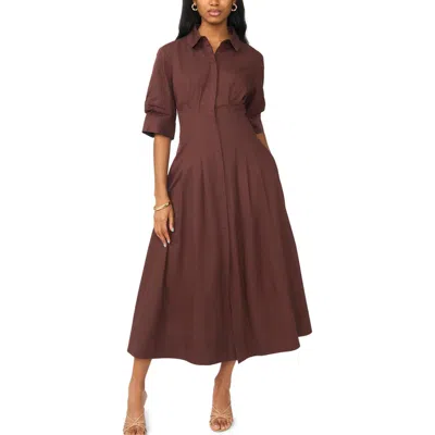 Cece Pleated Button Up Shirtdress In Brown