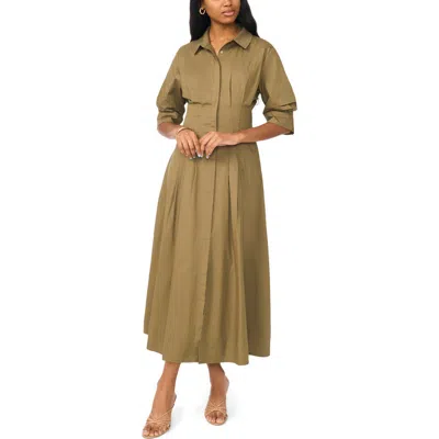 Cece Pleated Button Up Shirtdress In Neutral