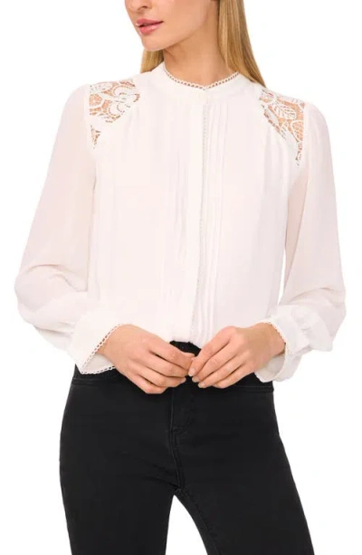 Cece Pleated Lace Georgette Button-up Shirt In New Ivory