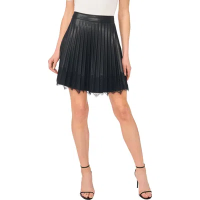 Cece Pleated Lace Hem Faux Leather Miniskirt In Black