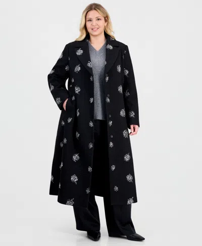 Cece Plus Size Single-breasted Sparkle Boucle Maxi Coat In Black