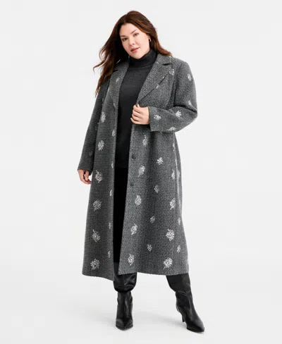 Cece Plus Size Single-breasted Sparkle Boucle Maxi Coat In Gray