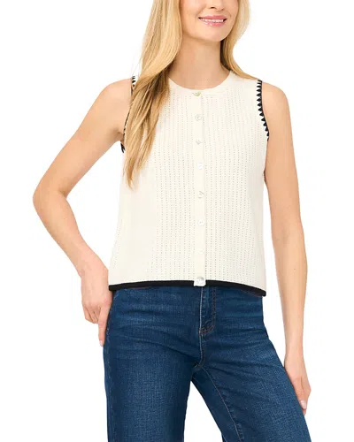 Cece Pointelle Button Up Whipstitch Cotton Tank In White