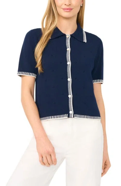 Cece Pointelle Cotton Button-up Sweater In Blue