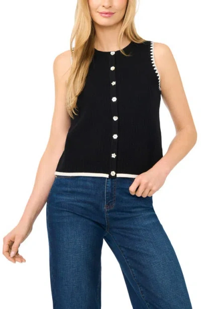 Cece Pointelle Button-up Sweater Tank In Black