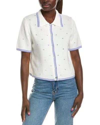 Cece Pointelle Collar Knit Shirt In White