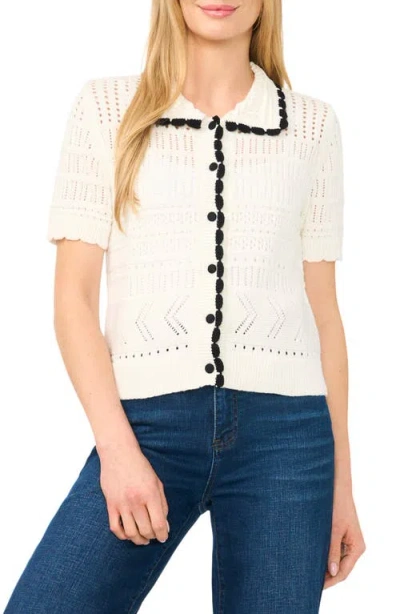 Cece Pointelle Knit Cotton Button Front Sweater In White