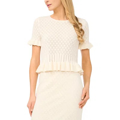 Cece Pointelle Knit Ruffle Trim Peplum Sweater In Neutral