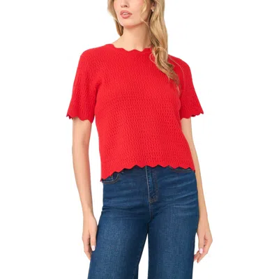 Cece Pointelle Knit Scallop Trim Sweater In Red