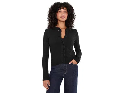 Cece Pointelle Long Sleeve Cardigan With Ruffle Women's Sweater Rich Black: Xl, Polyester In Animal Print