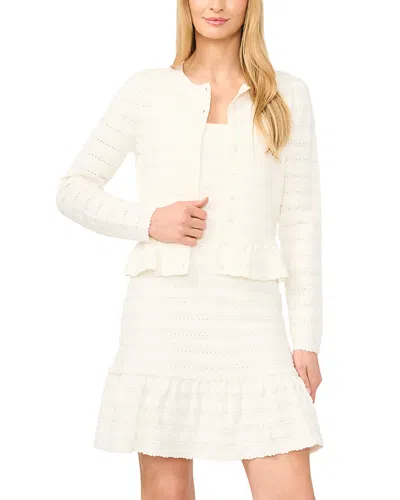 Cece Pointelle Long Sleeve Crewneck Cardigan In White