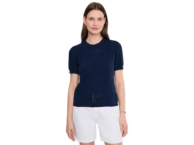Cece Pointelle Scallop Crew Neck Sweater In Blue