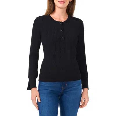 Cece Pointelle Scallop Henley In Rich Black