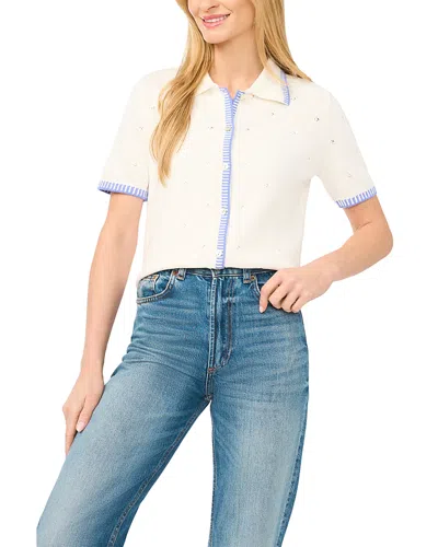 Cece Pointelle Short Sleeve Collared Cardigan In White