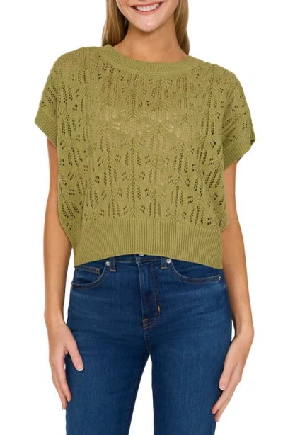 Cece Pointelle Short Sleeve Sweater In Sage
