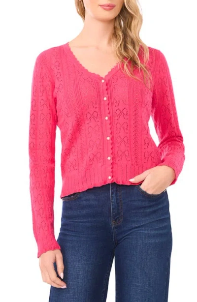 Cece Pointelle Stitch Bow Cotton Cardigan In Pink