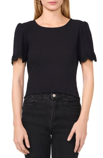 Cece Pointelle Stitch Scalloped Cuff Cotton Blend Top In Rich Black