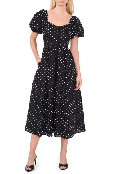 Cece Polka Dot Puff Sleeve Midi Dress In Rich Black