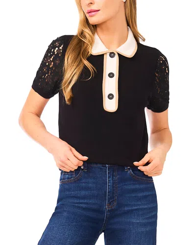 Cece Polo Collar Lace Sleeve Top In Black