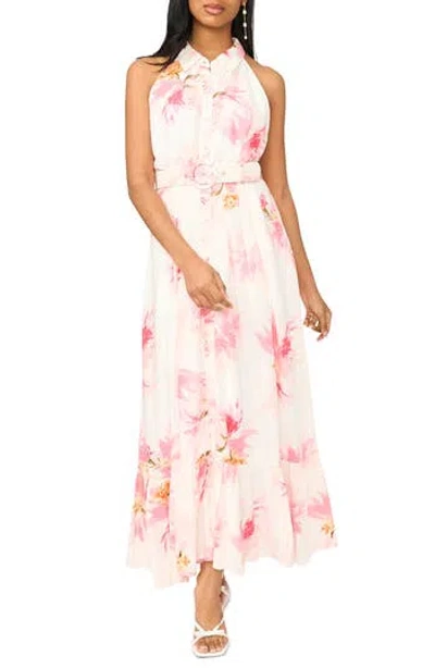 Cece Print Belted Sleeveless Maxi Dress In Pink