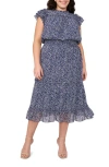 Cece Print Flutter Sleeve Smocked Midi Dress In Ocean Blue