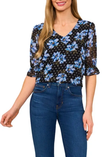 Cece Print Ruffle Cuff Top In Serene Blue