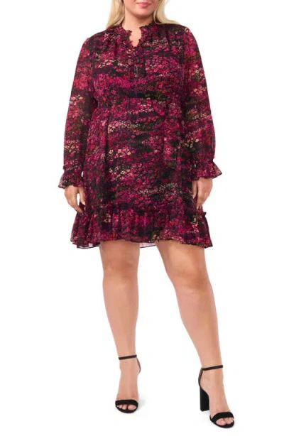 Cece Print Ruffle Long Sleeve Minidress In Rich Black