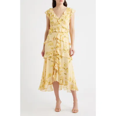 Cece Print Ruffle Midi Dress In Yellow